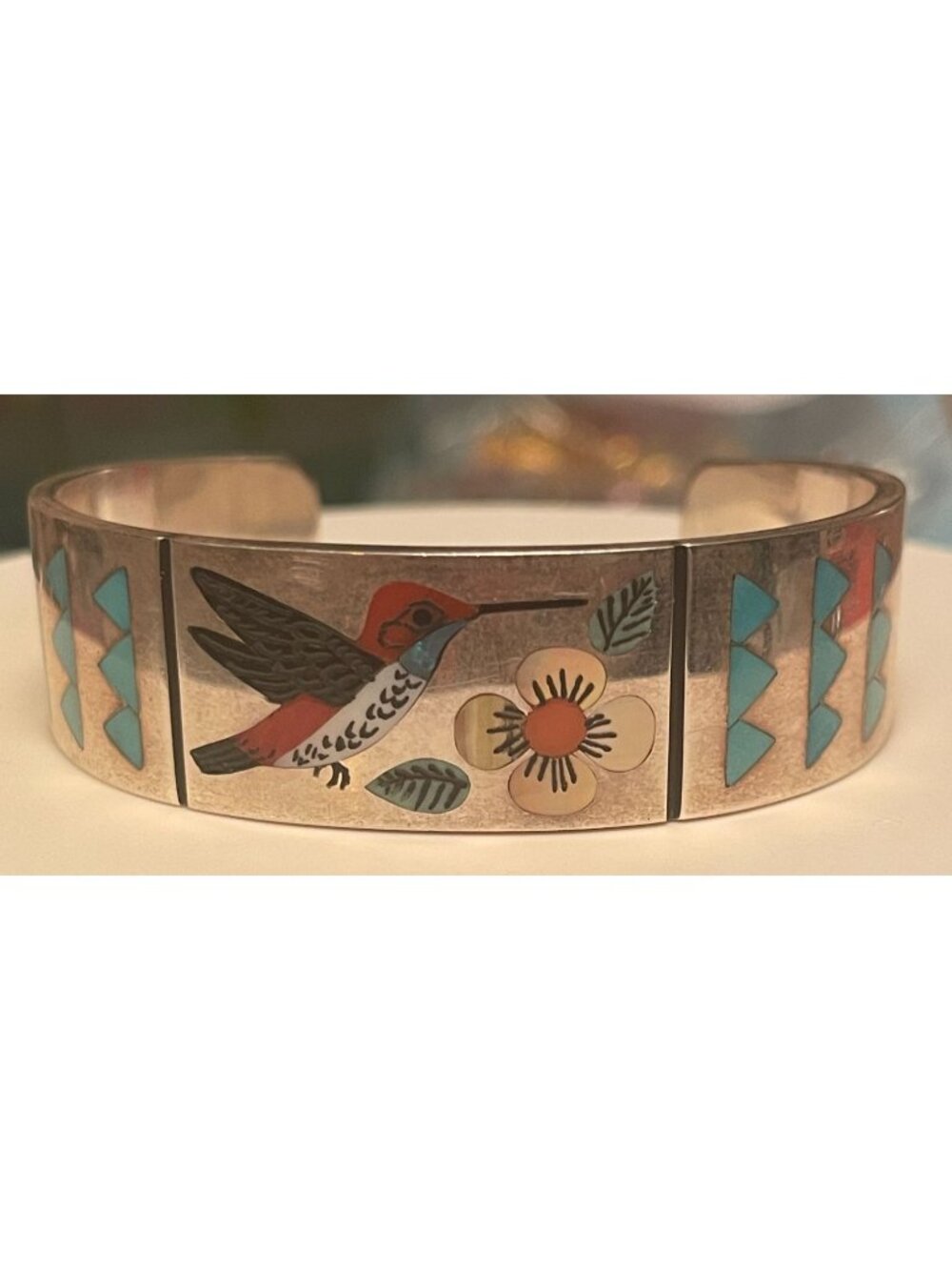Zuni Sterling Silver Turquoise Hummingbird Inlay Cuff Bracelet By R.N. Laconsell